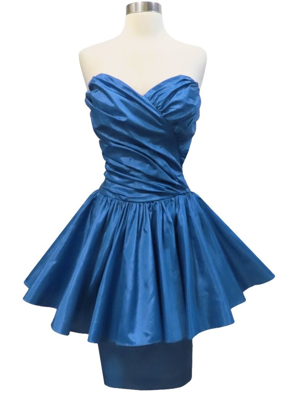 Vintage 80s Blue Strapless Full Skirt Peplum Glam Prom Cocktail Party Dress XS S